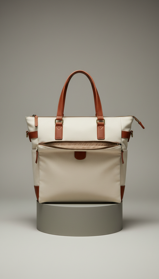 Ivory Sand Laptop Tote With Leather Trim