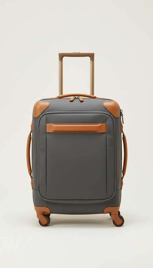 Wheeled carry-on with Italian leather trim