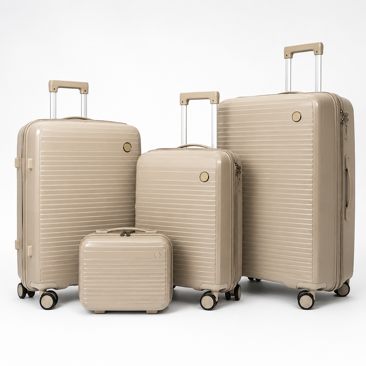 Voyalune beige four-piece hardside spinner luggage set with vanity case