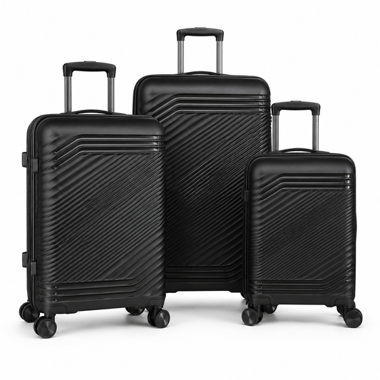 Eclipse black three-piece hardside spinner luggage set