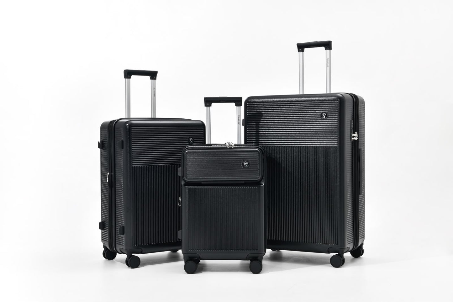 Voyalune black four-piece hardside spinner luggage set with vanity case