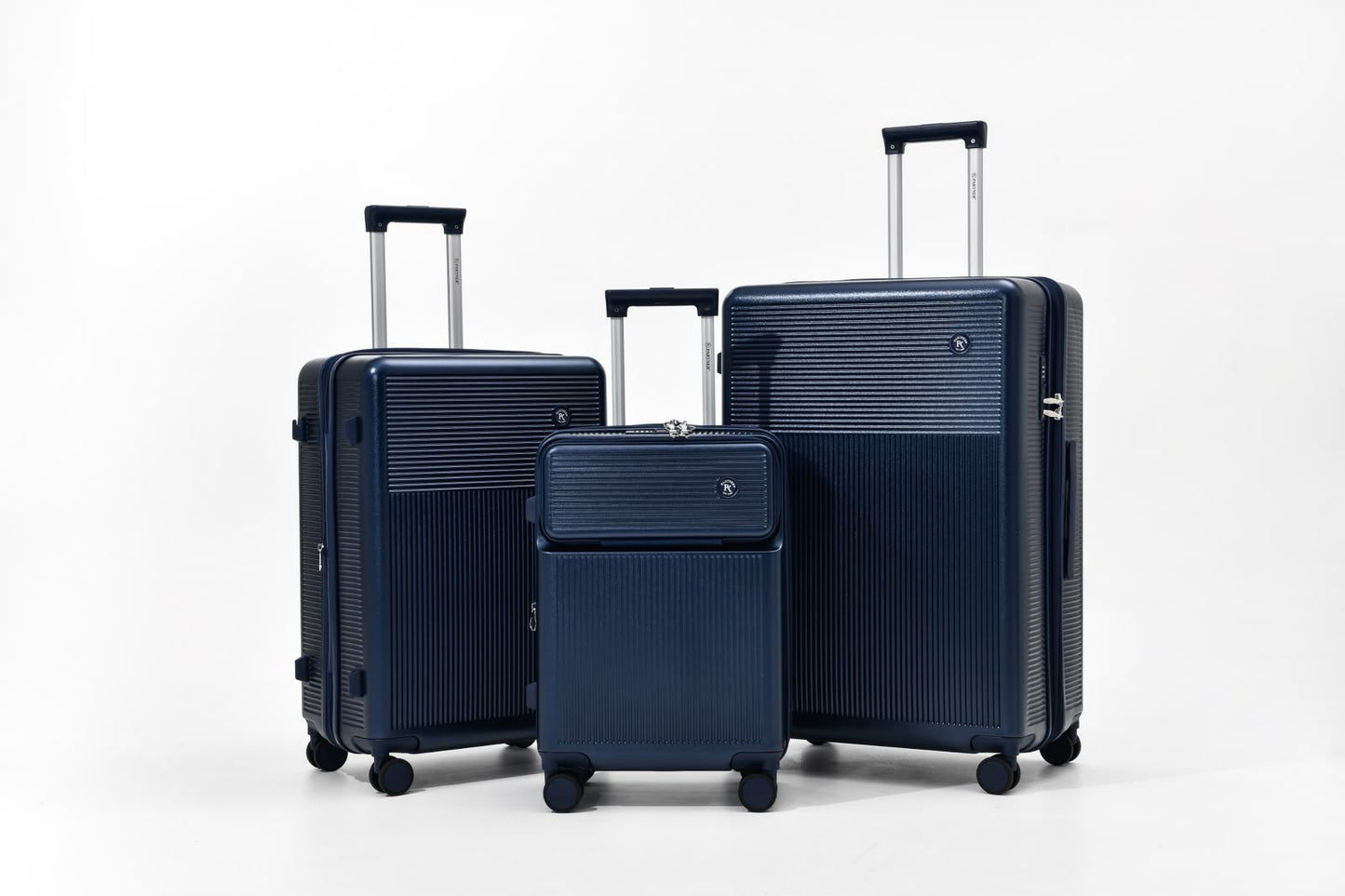 Voyalune navy four-piece hardside spinner luggage set with vanity case