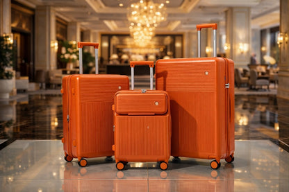 Orange four-piece luggage set displayed in a hotel lobby