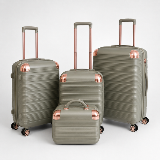 Voyalune sage and rose gold four-piece hardside spinner luggage set with vanity case