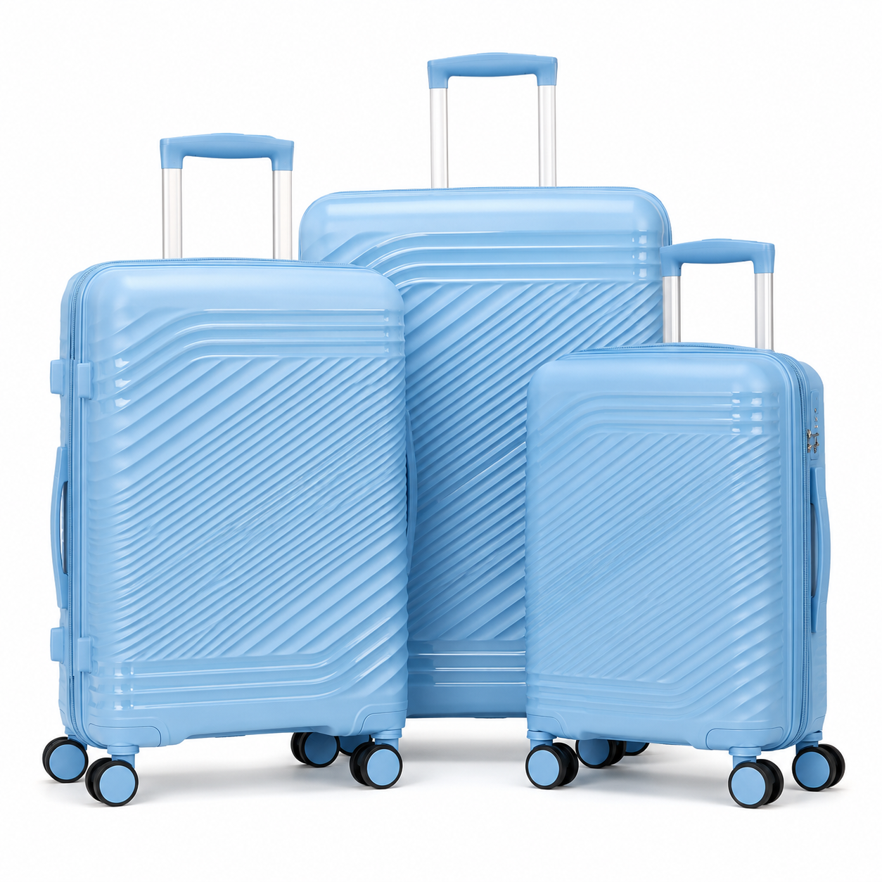 Skyway light blue three-piece hardside spinner luggage set