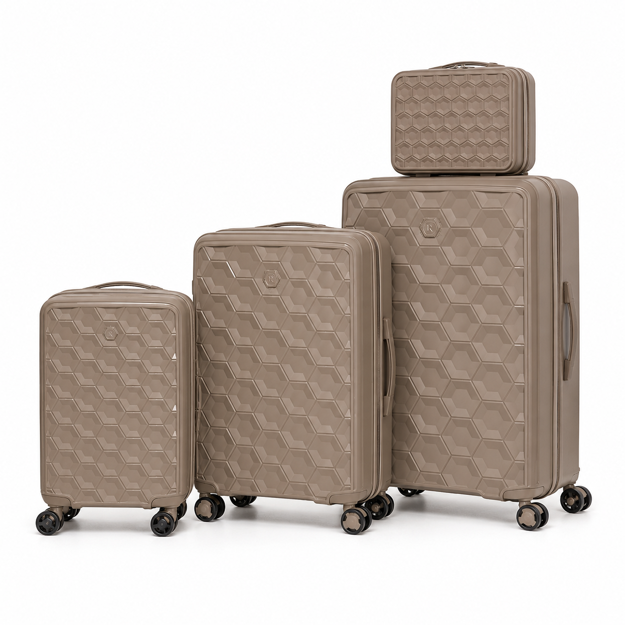 Terra Hex taupe four-piece hardside luggage set with vanity case